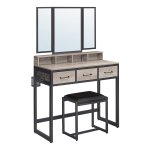 Kaptafel Dressing Table Met 3-Delige Klapspiegel, Haardroger Houder, Make Up Tafel Met Gestoffeerde Kruk, 3 Lades, Greige-Zwart