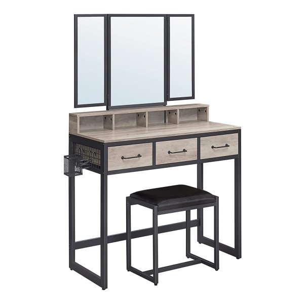 Kaptafel Dressing Table Met 3-Delige Klapspiegel, Haardroger Houder, Make Up Tafel Met Gestoffeerde Kruk, 3 Lades, Greige-Zwart