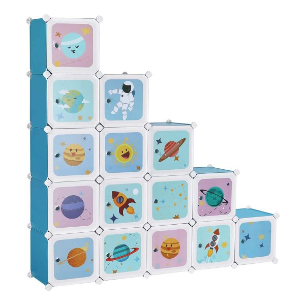 Rekkensysteem Met 15 Kubussen, Opbergkast Voor Kinderen, Boutloze Rekken, Plastic Schoenenrek, Garderobe Met Deuren, Multifunctioneel, Schoenen, Speelgoed, 153 X 31 X 153 Cm, Blauw