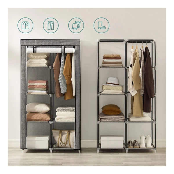 SONGMICS Kleiderschrank, Garderobe mit 2 Kleiderstangen, 140 x 43 x 174 cm, Stoffschrank mit Einer Kleiderstange und 12 Ablagen, 150 x 45 x 175 cm, für Schlafzimmer, Ankleidezimmer, grau LBD017G02