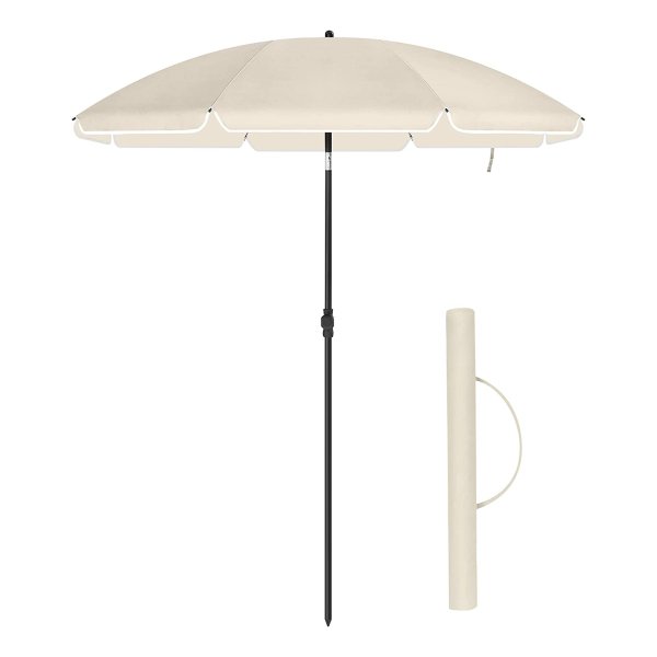 Strandparasol Diameter 200 Cm Parasol Uv-Bescherming Tot Upf 50+ Opvouwbare Zonbescherming Draagbare Glasvezel Paraplu-Ribben Beige