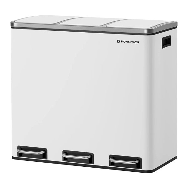 Afvalemmer, 3 X 18 Liter, Pedaalemmer Met 3 Vakken, Afvalemmer, Softclose, Met Voetpedalen, Kunststof Binnenemmers En Handgrepen, Wit