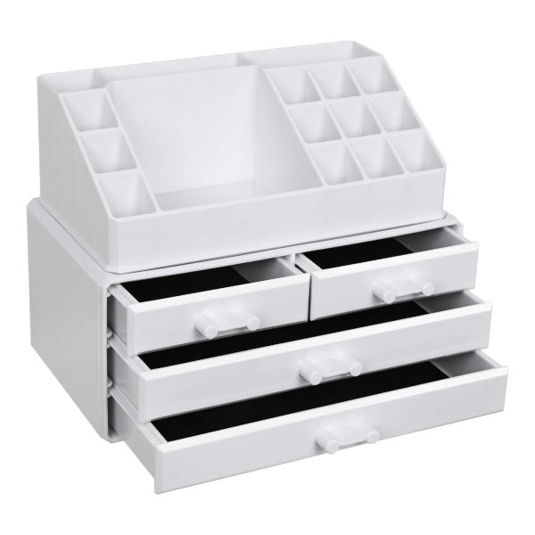 Make-Up Cosmetic Organizer Met 4 Lades En 16 Vakken Van Verschillende Afmetingen Antislipvoeringen Voor Make-Up En Sieraden Wit, Plastic, 24 X 18.5 X 13.5 Cm