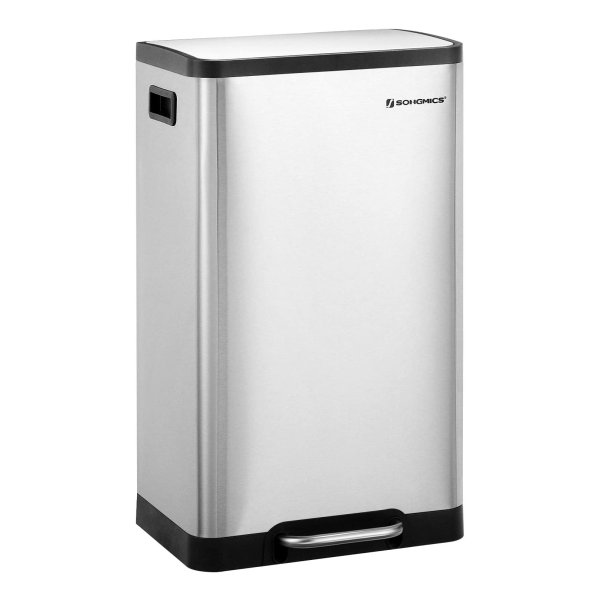 Vuilnisemmer, 45 Liter Afvalemmer Met Pedaal, Buitencontainer Van Roestvrij Staal, Met Kunststof Binnenemmer En Deksel, Softclose, Vingerafdrukbestendig, Voor Keuken, Zilver