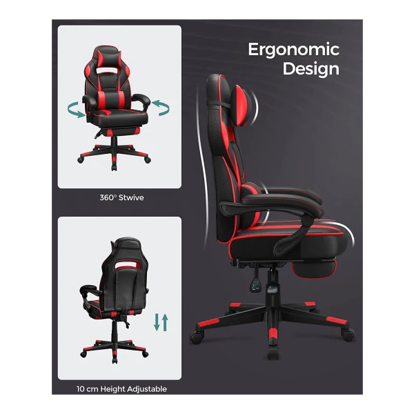 SONGMICS Gamingstoel – Bureaustoel – Gamestoel – Gaming chair – Gaming stoel met voetensteun - Zwart/rood