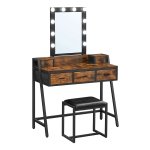 Kaptafel, Kaptafel Met Kruk, 10 Led-Gloeilampen, İnstelbare Helderheid, Spiegel, Voor Slaapkamer, Kleedkamer, İndustrieel Design, Vintage Bruin-Zwart
