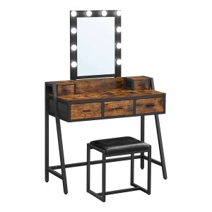 Kaptafel, Kaptafel Met Kruk, 10 Led-Gloeilampen, İnstelbare Helderheid, Spiegel, Voor Slaapkamer, Kleedkamer, İndustrieel Design, Vintage Bruin-Zwart