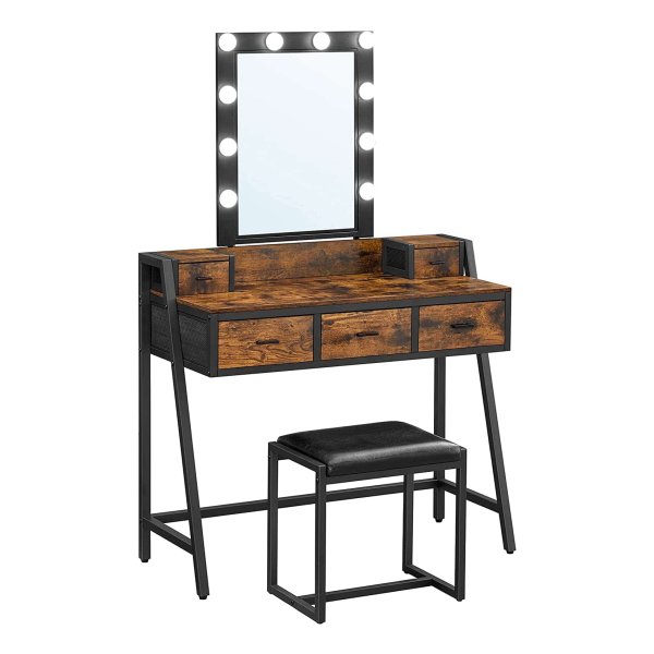 Kaptafel, Kaptafel Met Kruk, 10 Led-Gloeilampen, İnstelbare Helderheid, Spiegel, Voor Slaapkamer, Kleedkamer, İndustrieel Design, Vintage Bruin-Zwart