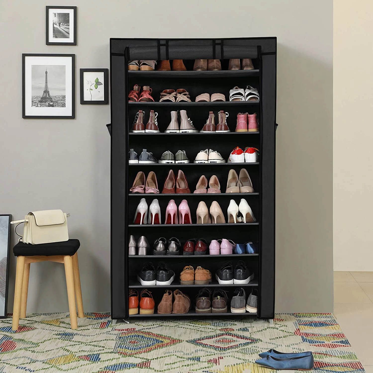 Schoenenrek 10 niveaus, met stofdichte schoenenkast, schoenenrek, voor maximaal paar schoenen, zwart - SimpleDeal.nl