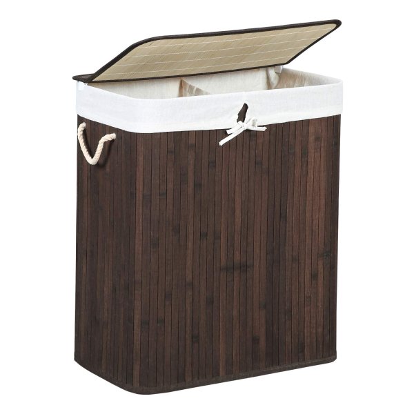 Bamboe Wasmand, 100 L Wasbak, Wasmand Met 2 Compartimenten, Wassorteerder Met Deksel En Verwijderbare Waszak, Katoenen Handgrepen, Bruin