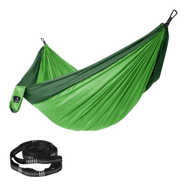 Ultralichte Hangmat Voor 2 Personen, Van Ripstop-Nylon, Belastbaar Tot 300 Kg, 300 X 200 Cm, Voor Backpacken, Op De Camping, Tijdens Het Wandelen, Lichtgroen-Donkergroen,Hangmat