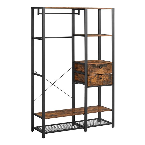 Kledingrek Open, Kledingrek, Garderobe, Metaal, Stang, 2 Laden, Rooster, Voor Slaapkamer, Kleedkamer, 120 X 40 X 180 Cm, İndustrieel Design, Vintage Bruin-Zwart