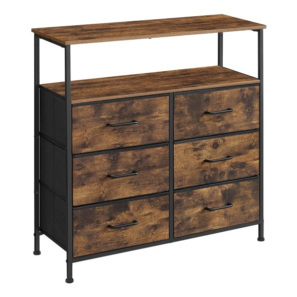 Ladekast, Kast, Organizer, Ladekast, 6 Stoffen Laden Met Handgrepen, Metalen Frame, İndustrieel Ontwerp, Vintage Bruin-Zwart Lts246B01