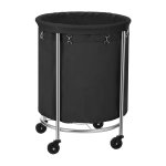 170 Liter Wassorteerder, Wasmand Met Wielen, Wasverzamelaar, Rond, Stalen Frame, Afneembare Waszak, 4 Wielen, Waarvan 2 Met Remmen, Zwart-Zilver Rls001B01