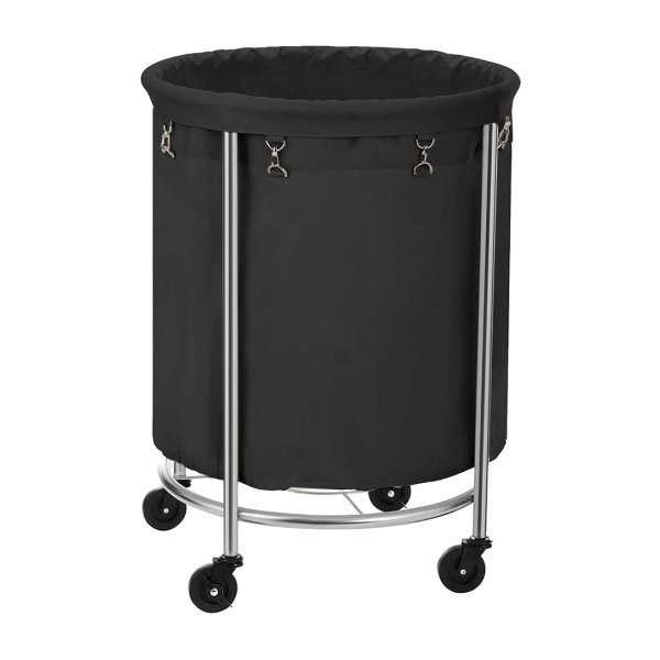 170 Liter Wassorteerder, Wasmand Met Wielen, Wasverzamelaar, Rond, Stalen Frame, Afneembare Waszak, 4 Wielen, Waarvan 2 Met Remmen, Zwart-Zilver Rls001B01