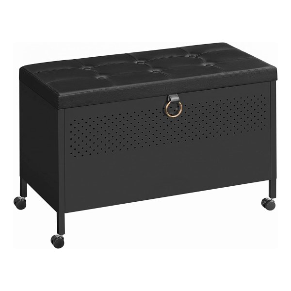 Zitbank, Kist Met Deksel, Gevoerde Zitting, Zitkist Met Opbergruimte, Met Wielen, Veiligheidsscharnier, Voor Hal, Slaapkamer, Woonkamer, Platen Met Gaten, Matzwart