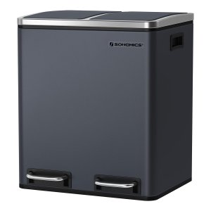 Keukenafvalbak, 2 X 15 L, Afvalscheidingssysteem, Metalen Afvalbak, Pedaalemmer Met Binnenbakken En Handgrepen, Afvalscheiding, Soft Close, Luchtdicht, Antraciet