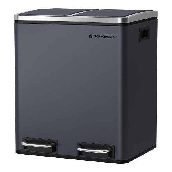 Keukenafvalbak, 2 X 15 L, Afvalscheidingssysteem, Metalen Afvalbak, Pedaalemmer Met Binnenbakken En Handgrepen, Afvalscheiding, Soft Close, Luchtdicht, Antraciet