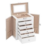 Sieradendoos, Grote Juwelendoos Met 6 Niveaus, Juwelenkistje Met Zijdelingse Klapdeuren, Laden, Spiegel En Sluiting, Voor Ringen, Oorbellen, Kerstmis, Wit Jbc152W01, Spiegelkasten