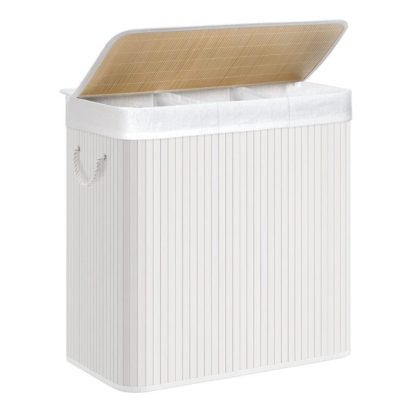 150 L Wasmand, Wasmand Met Deksel, Wassorteerder, Van Bamboe, Met Handgrepen, 3 Vakken, Opvouwbaar, Katoen, Waszak Ä°n De Machine Wasbaar, Waskeuken, Wit