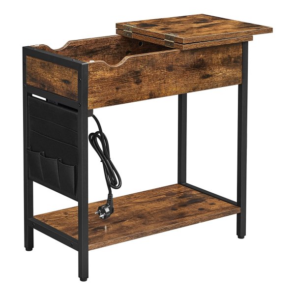 Bijzettafel, Klaptafel, Nachtkastje, Met Stopcontacten, İnklapbaar Tafelblad, Met Plank En Stoffen Zak, Vintage Bruin-Zwart