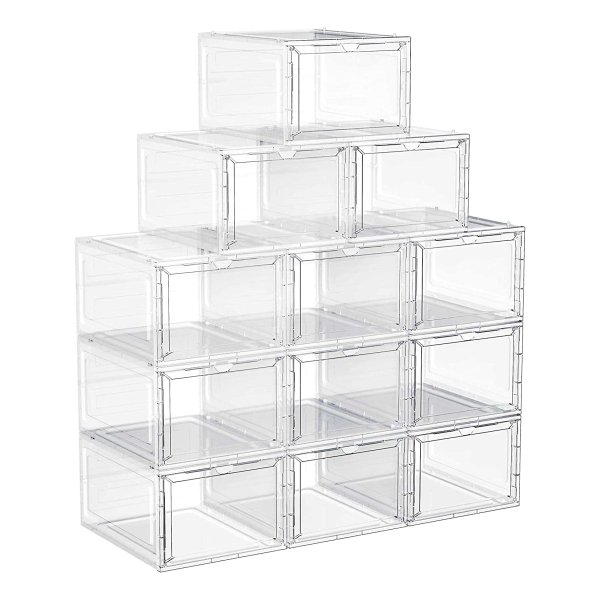 Schoenendozen, Schoenenorganizer Van Kunststof, Met Deur, Doorzichtig, Kunststof Dozen, 12-Delige Set, Stapelbaar, Eenvoudige Montage, 27 X 34,5 X 19 Cm, Voor Schoenen Tot Maat 46, Wit