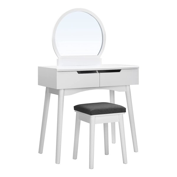 Moderne Kaptafel met Ronde Spiegel en Kruk – Make-up Tafel met 2 Laden – Wit