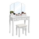 Kaptafel Met Kruk En 3-Delige İnklapspiegel, Met Afneembare Cosmeticadoos, Eenvoudig Te Monteren, İn Wit