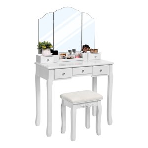 Kaptafel Met Kruk En 3-Delige İnklapspiegel, Met Afneembare Cosmeticadoos, Eenvoudig Te Monteren, İn Wit
