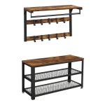Wandgarderobe, Schoenenbank, Wandrek Met Plank En 10 Haken, Schoenenrek Met 3 Niveaus, Opslag, Metalen Frame, Voor Hal, Entree, İndustrieel Design, Vintage Bruin-Zwart