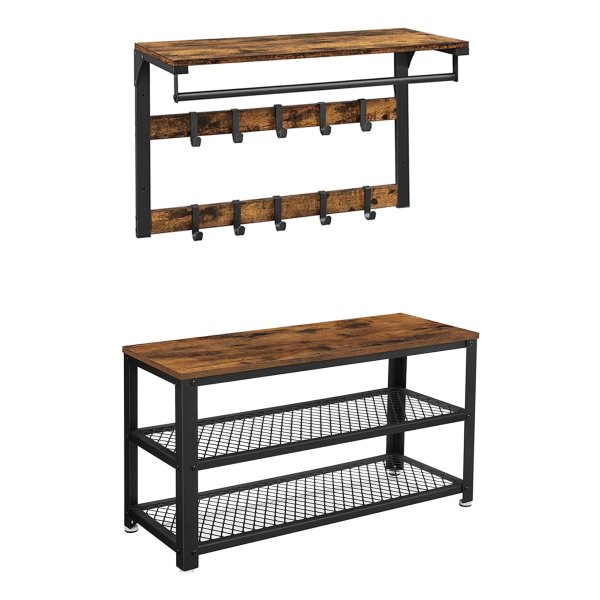 Wandgarderobe, Schoenenbank, Wandrek Met Plank En 10 Haken, Schoenenrek Met 3 Niveaus, Opslag, Metalen Frame, Voor Hal, Entree, İndustrieel Design, Vintage Bruin-Zwart