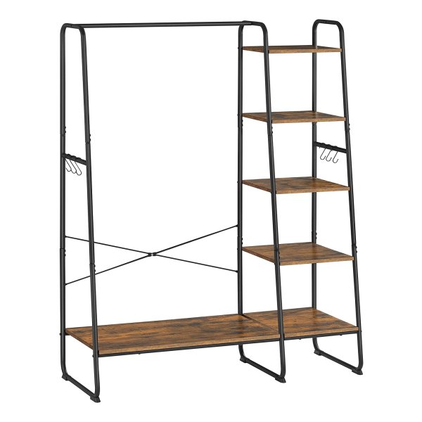 Kledingrek met Schoenenrek en 5 Planken – Kapstok met Haken – Bruin/Zwart