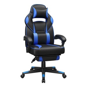 Gamingstoel, Bureaustoel Met Voetensteun, Bureaustoel Met Hoofdsteun En Lendenkussen, Ä°n Hoogte Verstelbaar, Ergonomisch, 90-135 Graden Hellingshoek, Tot 150 Kg Belastbaar, Zwart-Blauw