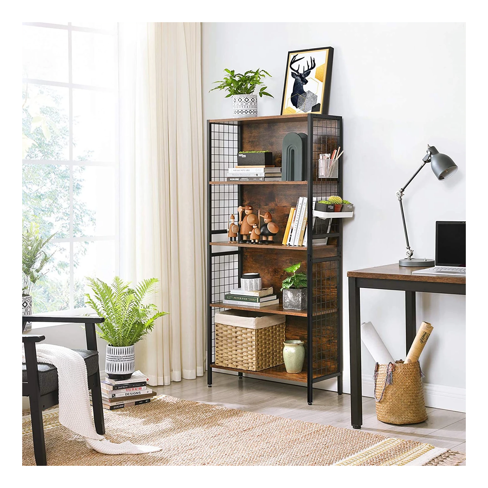 optellen Landelijk onderdelen Boekenkast, bureaurek, keukenrek, staand rek met 4 planken, 4 S-haken,  industrieel design, vintage bruin-zwart - SimpleDeal.nl