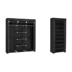 Grote Kledingkast, Stoffen Kast Xxl, Vouwkast Met 2 Kledingstangen, 175 X 150 X 45 Cm, Met Drie Oprolbare Deuren, Zwart
