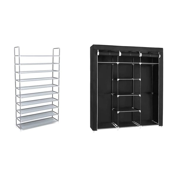 10 Tier Schoenenrek Schoenenopberger Voor Maximaal 50 Paar Schoenen 100X29X175Cm Grijs Lsr10G & Kledingkast Met 2 Ophangrails 175X150X45Cm Zwart