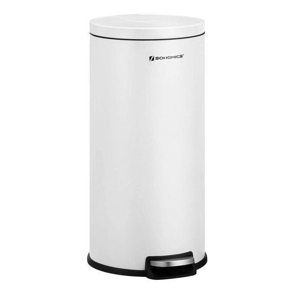 Vuilnisemmer, Afvalemmer Van Roestvrij Staal, 30 Liter, Binnenemmer Van Kunststof, Met Pedaal En Deksel, Vingerafdrukbestendig, Voor Keuken, Woonkamer, Kantoor, Wit