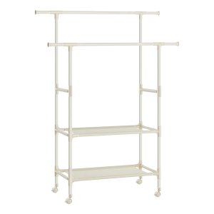 Kledingrek, Kapstok Met 2 Kledingstangen, 2 Planken, 4 Wielen, Metaal, Tot 70 Kg Belastbaar, Eenvoudige Montage, Wit