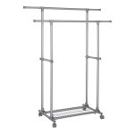 Kledingrek Op Wieltjes, Uitschuifbare Garderobestandaard Met Dubbele Stang, Kledingstandaard, Tot 70 Kg Belastbaar, (87-150) X 52 X 166 Cm, Voor Jurken, Overhemden, Kostuums, Grijs