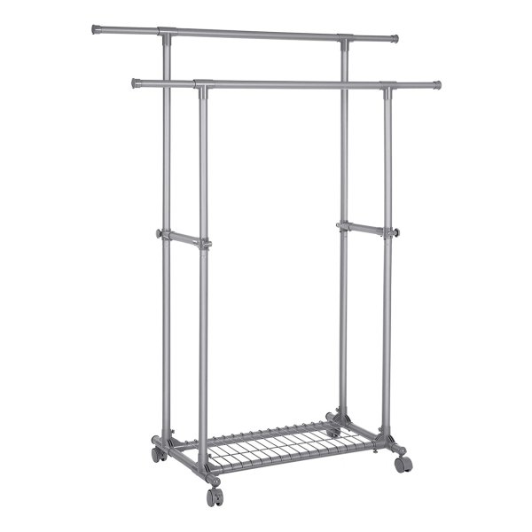 Kledingrek Op Wieltjes, Uitschuifbare Garderobestandaard Met Dubbele Stang, Kledingstandaard, Tot 70 Kg Belastbaar, (87-150) X 52 X 166 Cm, Voor Jurken, Overhemden, Kostuums, Grijs