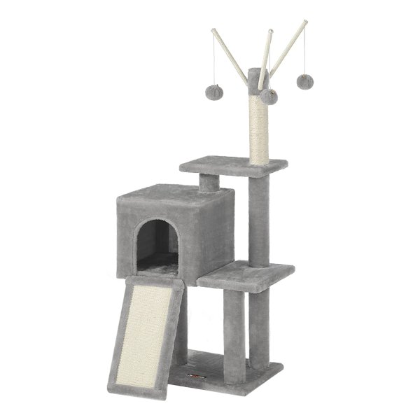 Zaza Home Krabpaal Klein, Kattenboom Met Krabplank, Kattenhuis Pomponstokjes, 115 Cm, Lichtgrijs Pct141W01