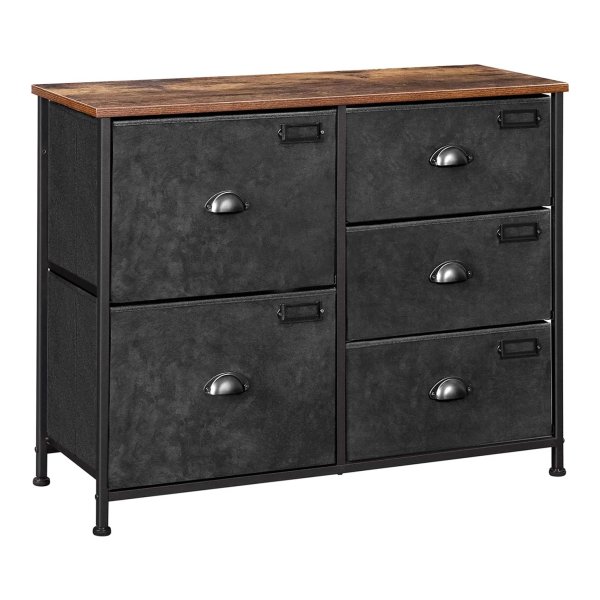 Ladekast met 5 Stoffen Laden - Vintage Bruin-Zwart Dressoir - Stalen Frame - Commode