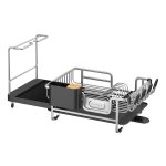 Afdruiprek, Afdruiprek, Roestvrij Aluminium, Uitbreidbare Afdruipbak 53,5-71,6 Cm, Draaibare Uitloop, Met Glas- En Bekerhouders, Zilver-Zwart