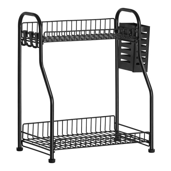 Kruidenrek 2 Tier Keuken Plank Staande Badkamer Plank Met 3 Haken Keuken Organizer Met Bestek Houder Voor Keuken Badkamer Zwart