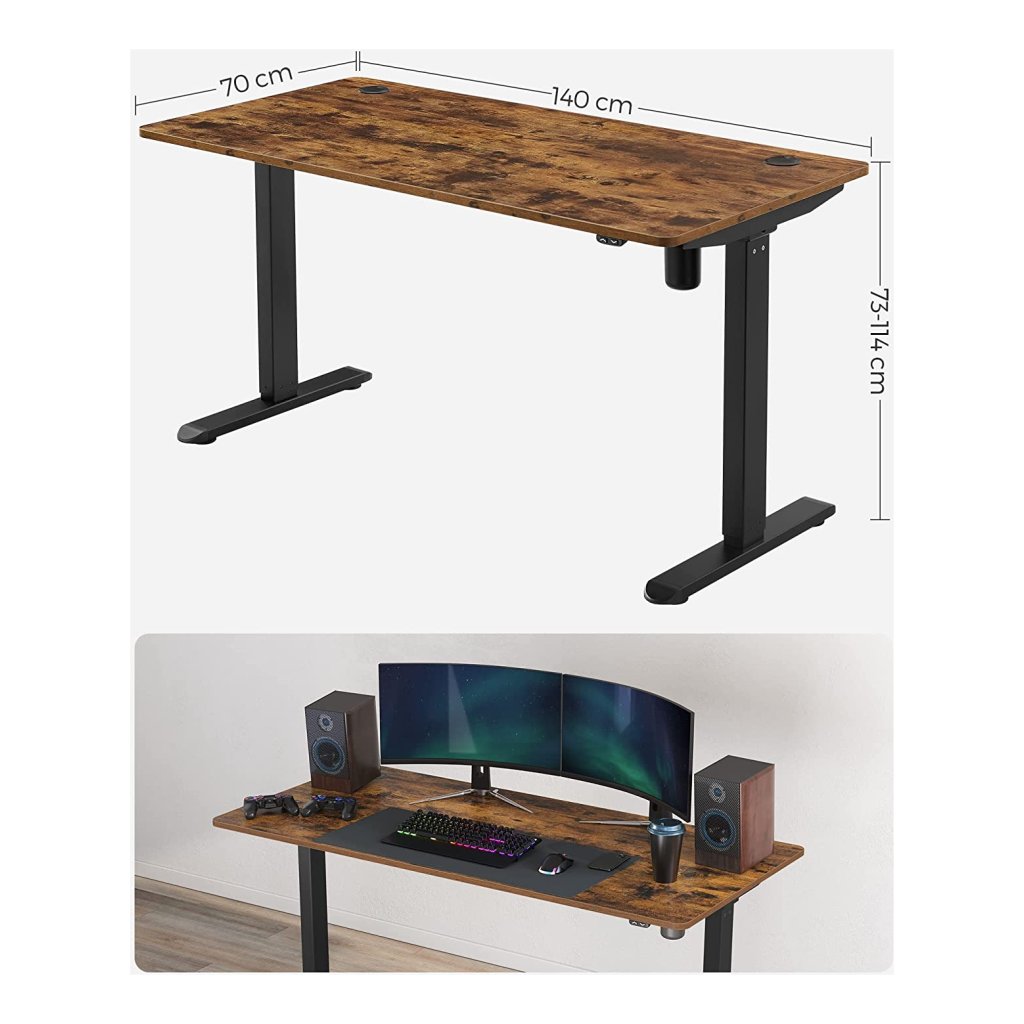 Fezibo elektrisch in hoogte verstelbaar stabureau, 120 x 60 cm statafel, zit- of sta-thuisbureau met gesplitst blad, zwart frame / rustiek bruin bureaublad