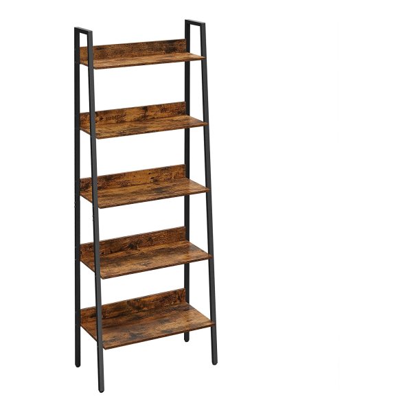 Boekenkast, Ladderrek Met 5 Planken, Open, Staand Rek, Smal, Voor Woonkamer, Slaapkamer, Keuken, Kantoor, Metalen Frame, İndustrieel Design, Vintage Bruin-Zwart