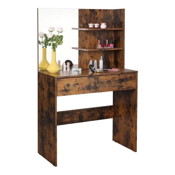 Vintage bruine kaptafel voor make-up met spiegel, 2 lades en open planken