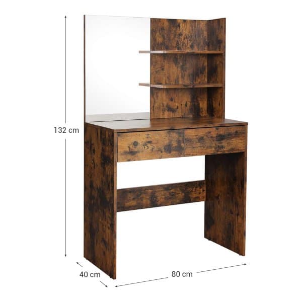 Vintage bruine kaptafel met spiegel, 2 lades en open planken 80 x 40 x 145 cm