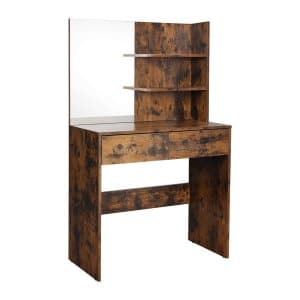 Vintage bruine kaptafel met spiegel, 2 lades en open planken