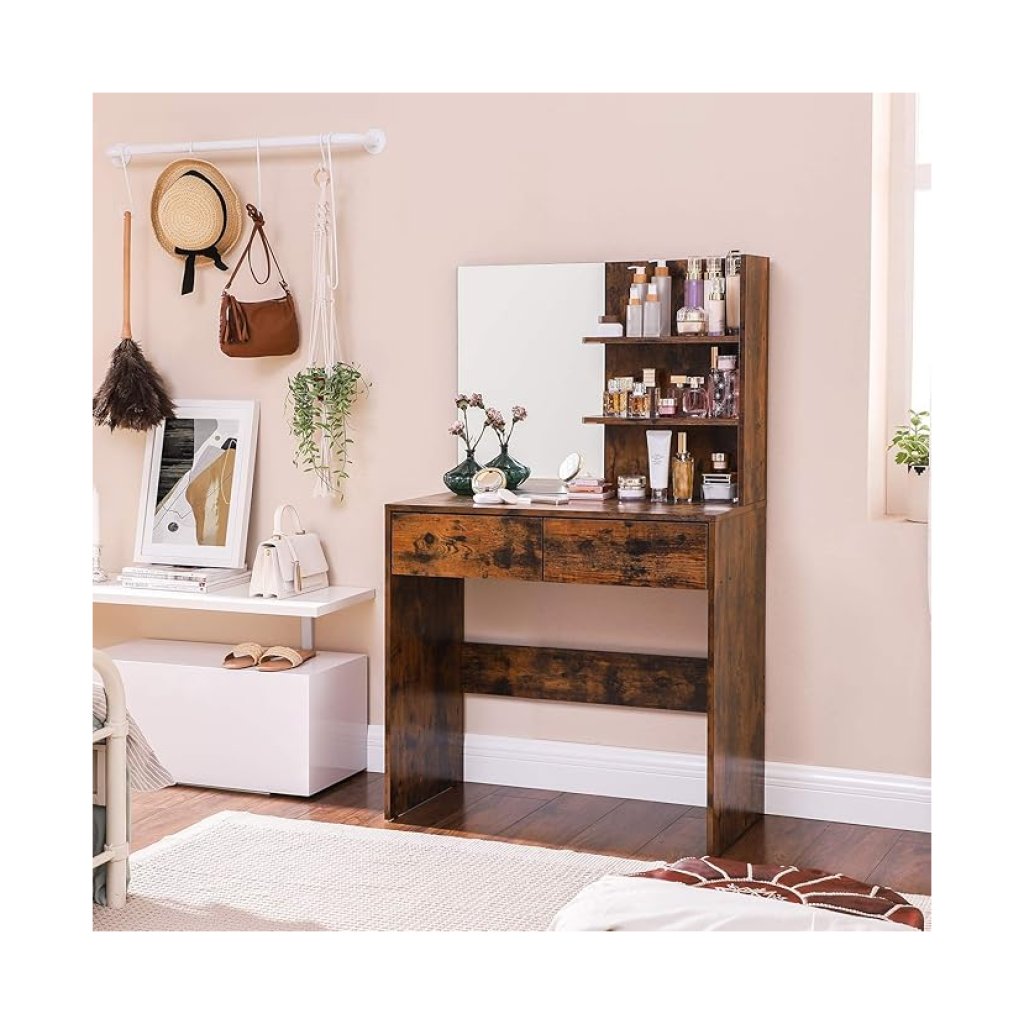 Vintage bruine kaptafel voor slaapkamer met spiegel, 2 lades en open planken